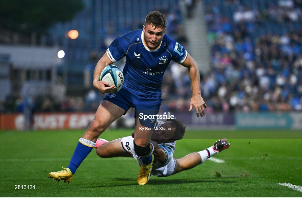 11 May 2024; Jordan Larmour of Leinster is tackled by Evardi Boshoff of Ospreys during the United Rugby Championship match between Leinster and Ospreys at the RDS Arena in Dublin. Photo by Ben McShane/Sportsfile