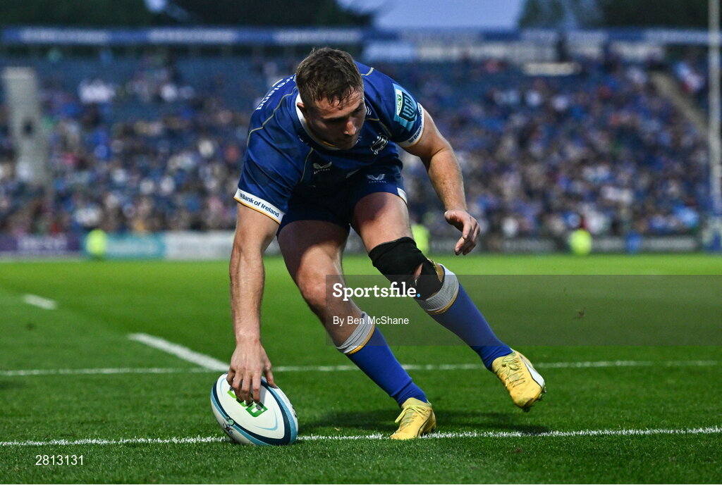 11 May 2024; Jordan Larmour of Leinster scores his side's eighth try during the United Rugby Championship match between Leinster and Ospreys at the RDS Arena in Dublin. Photo by Ben McShane/Sportsfile