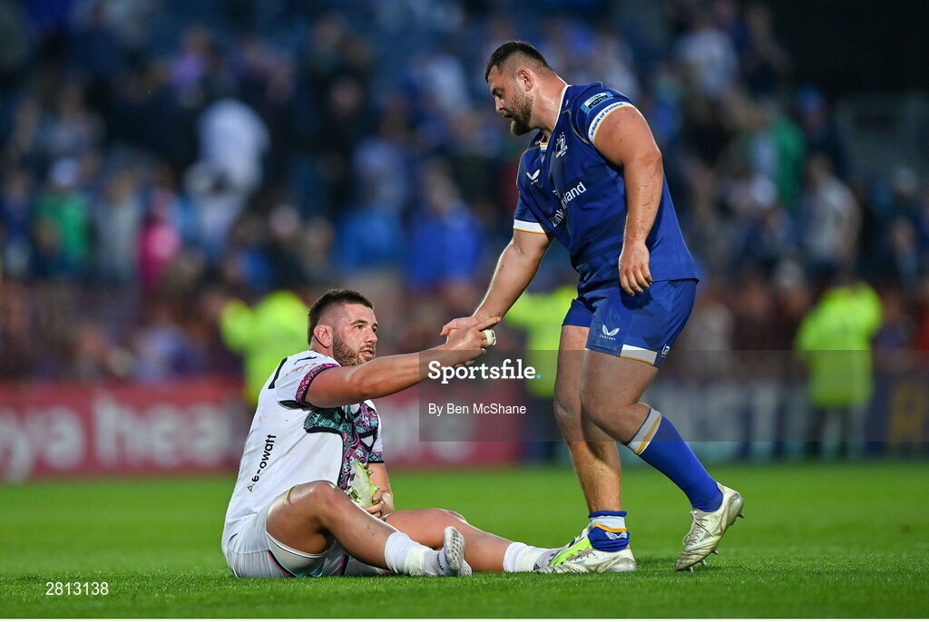 11 May 2024; Gareth Thomas of Ospreys, left, and Michael Milne of Leinster after the United Rugby Championship match between Leinster and Ospreys at the RDS Arena in Dublin. Photo by Ben McShane/Sportsfile