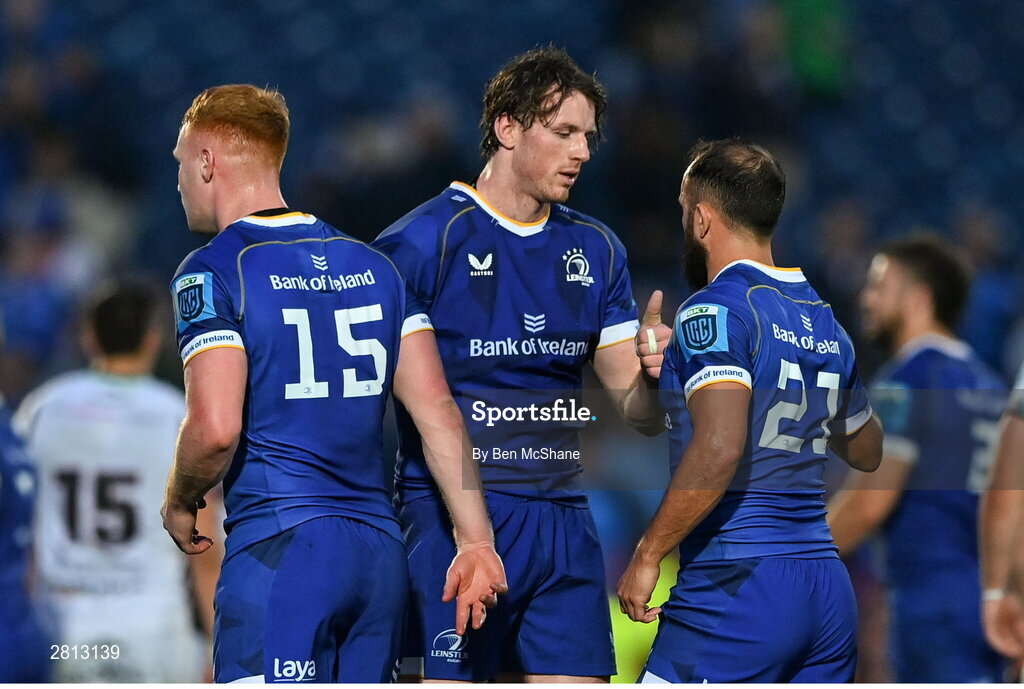 11 May 2024; Ryan Baird, left, and Jamison Gibson-Park of Leinster celebrate after the United Rugby Championship match between Leinster and Ospreys at the RDS Arena in Dublin. Photo by Ben McShane/Sportsfile