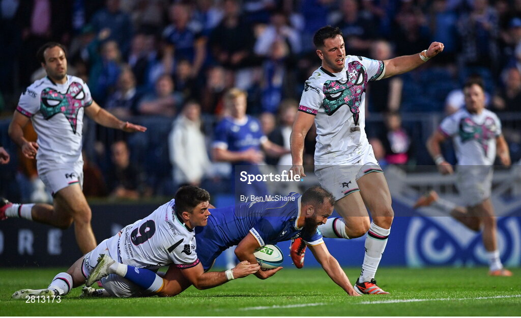 11 May 2024; Jamison Gibson-Park of Leinster is tackled by Reuben Morgan-Williams of Ospreys during the United Rugby Championship match between Leinster and Ospreys at the RDS Arena in Dublin. Photo by Ben McShane/Sportsfile