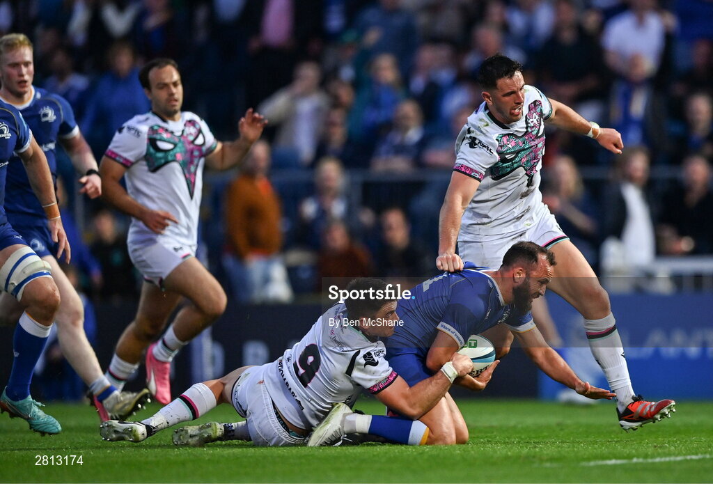 11 May 2024; Jamison Gibson-Park of Leinster is tackled by Reuben Morgan-Williams of Ospreys during the United Rugby Championship match between Leinster and Ospreys at the RDS Arena in Dublin. Photo by Ben McShane/Sportsfile