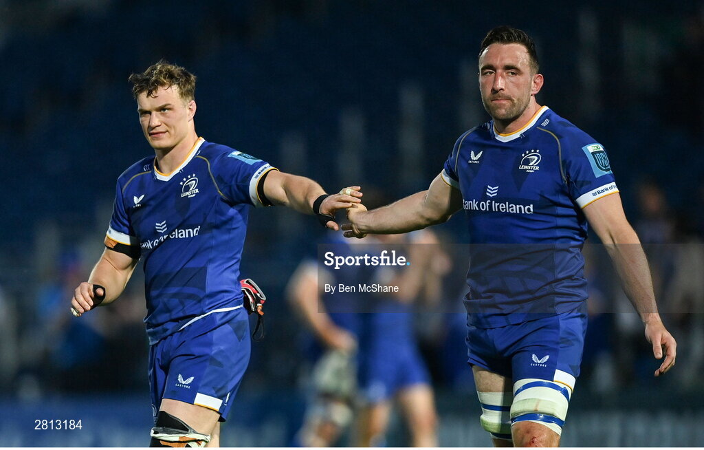 11 May 2024; Josh van der Flier, left, and Jack Conan of Leinster after the United Rugby Championship match between Leinster and Ospreys at the RDS Arena in Dublin. Photo by Ben McShane/Sportsfile