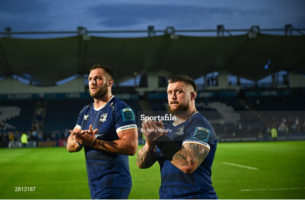 11 May 2024; Andrew Porter and Jason Jenkins of Leinster after their side's victory in the United Rugby Championship match between Leinster and Ospreys at the RDS Arena in Dublin. Photo by Harry Murphy/Sportsfile