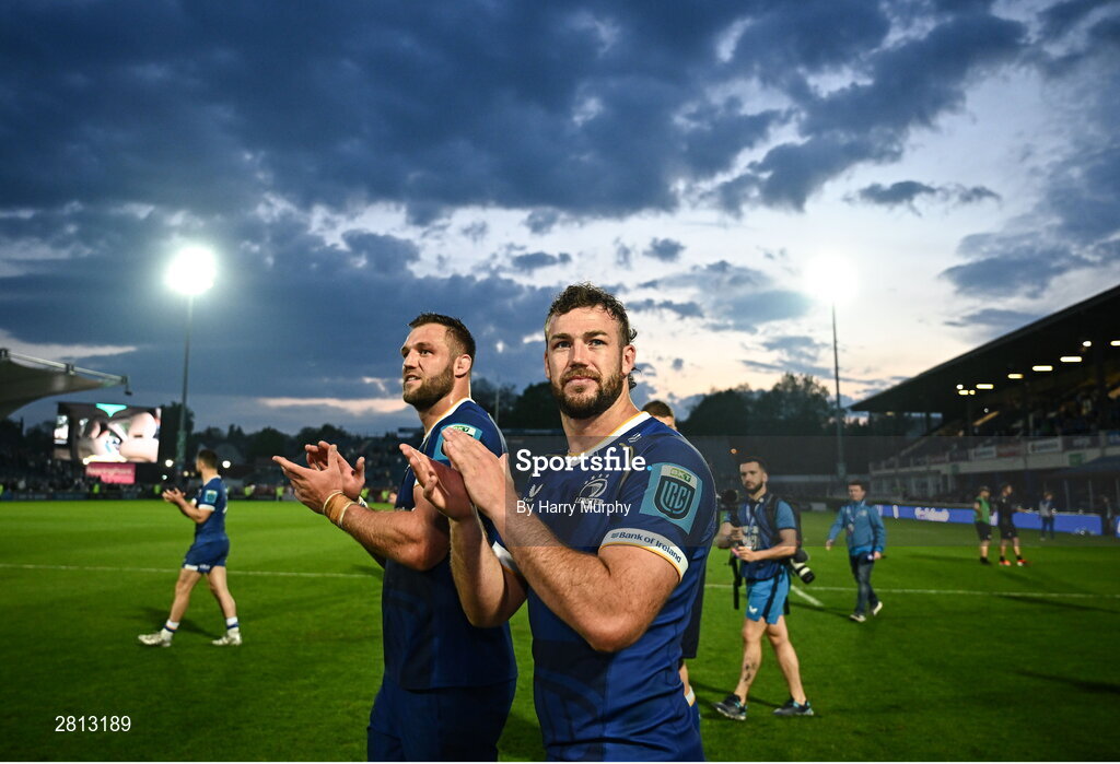 11 May 2024; Caelan Doris and Jason Jenkins of Leinster after their side's victory in the United Rugby Championship match between Leinster and Ospreys at the RDS Arena in Dublin. Photo by Harry Murphy/Sportsfile