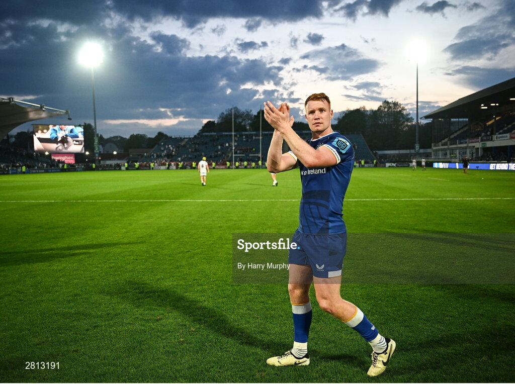 11 May 2024; Ciarán Frawley of Leinster after his side's victory in the United Rugby Championship match between Leinster and Ospreys at the RDS Arena in Dublin. Photo by Harry Murphy/Sportsfile