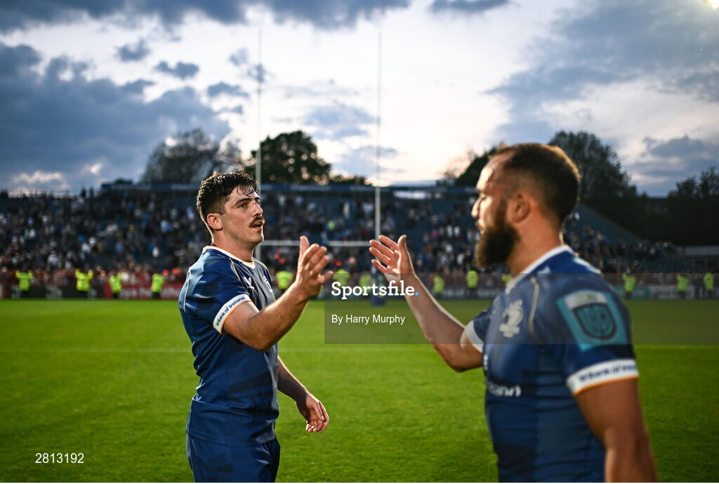 11 May 2024; Jimmy O'Brien and Jamison Gibson-Park of Leinster after their side's victory in the United Rugby Championship match between Leinster and Ospreys at the RDS Arena in Dublin. Photo by Harry Murphy/Sportsfile