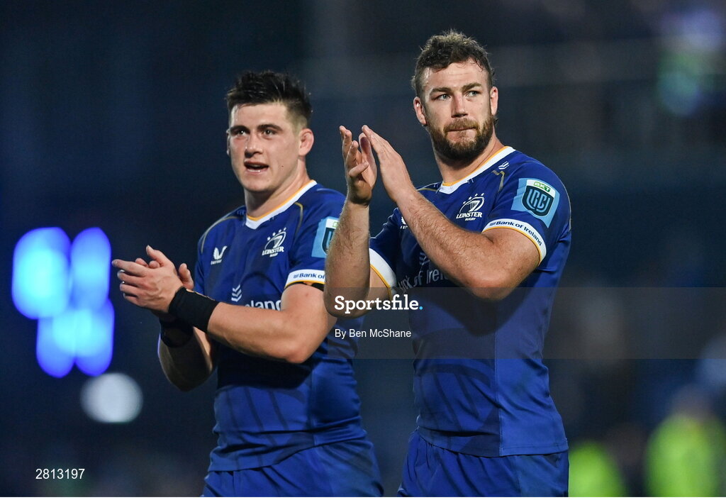 11 May 2024; Caelan Doris, right, and Dan Sheehan of Leinster after the United Rugby Championship match between Leinster and Ospreys at the RDS Arena in Dublin. Photo by Ben McShane/Sportsfile