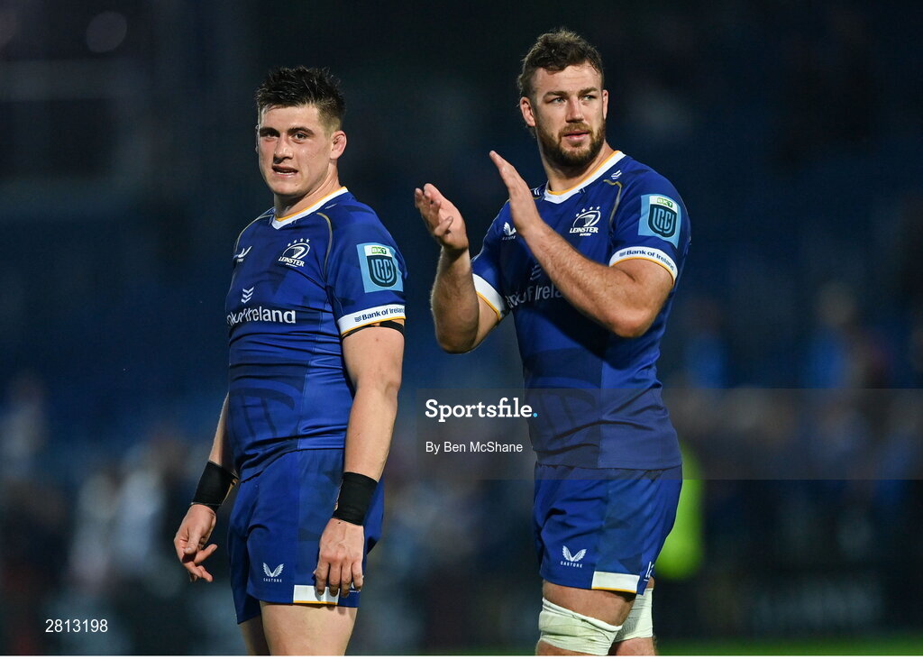 11 May 2024; Caelan Doris, right, and Dan Sheehan of Leinster after the United Rugby Championship match between Leinster and Ospreys at the RDS Arena in Dublin. Photo by Ben McShane/Sportsfile