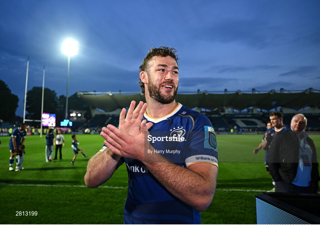 11 May 2024; Leinster captain Caelan Doris after his side's victory in the United Rugby Championship match between Leinster and Ospreys at the RDS Arena in Dublin. Photo by Harry Murphy/Sportsfile