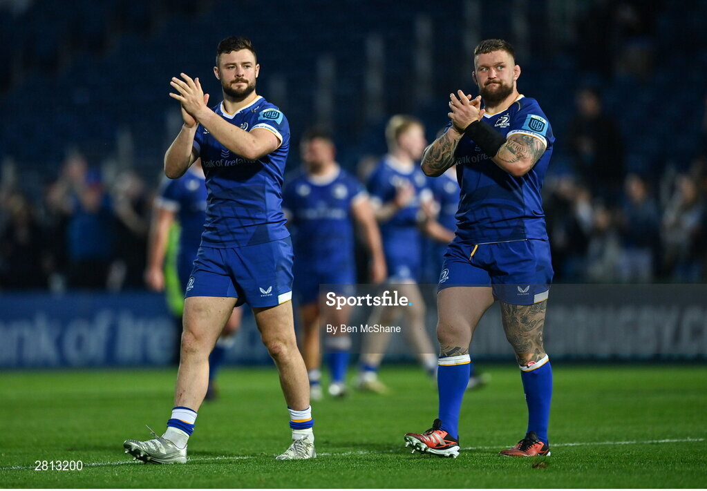 11 May 2024; Robbie Henshaw, left, and Andrew Porter of Leinster after the United Rugby Championship match between Leinster and Ospreys at the RDS Arena in Dublin. Photo by Ben McShane/Sportsfile