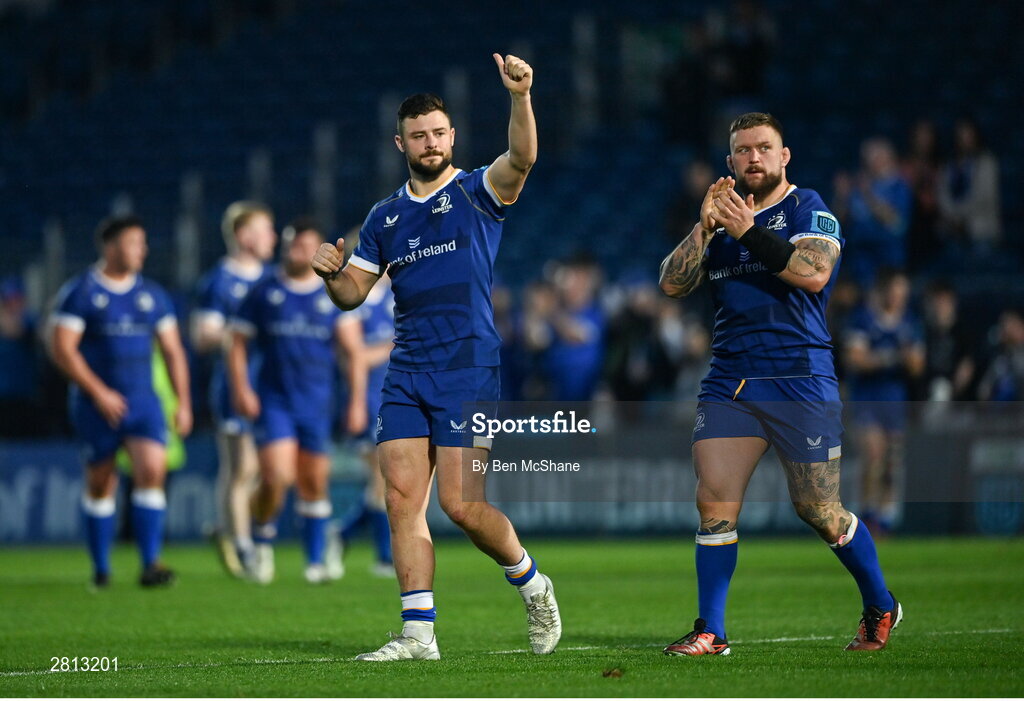 11 May 2024; Robbie Henshaw, left, and Andrew Porter of Leinster after the United Rugby Championship match between Leinster and Ospreys at the RDS Arena in Dublin. Photo by Ben McShane/Sportsfile