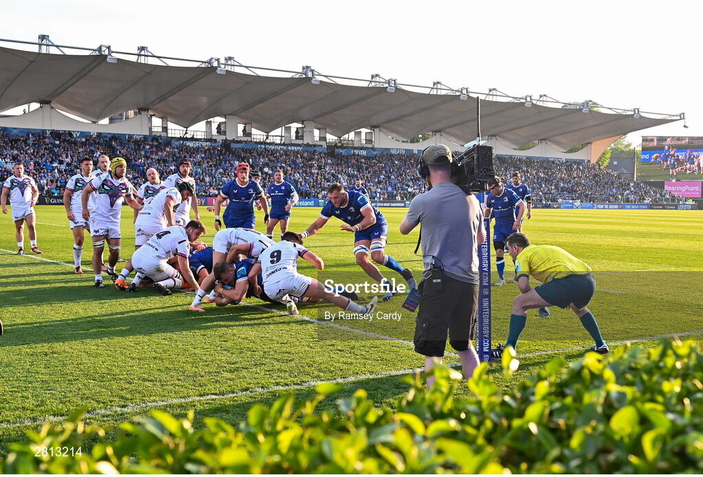 11 May 2024; Ross Molony of Leinster scores his side's second try during the United Rugby Championship match between Leinster and Ospreys at the RDS Arena in Dublin. Photo by Ramsey Cardy/Sportsfile