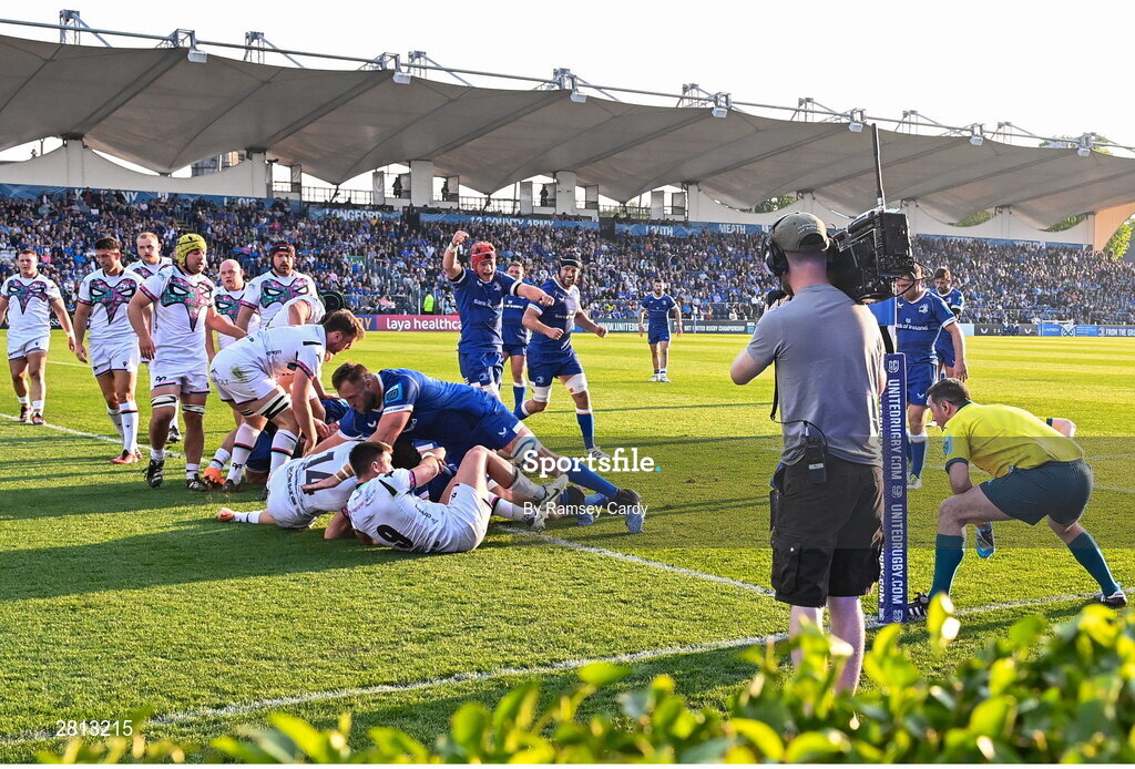 11 May 2024; Leinster players celebrate their side's second try, scored by Ross Molony, during the United Rugby Championship match between Leinster and Ospreys at the RDS Arena in Dublin. Photo by Ramsey Cardy/Sportsfile