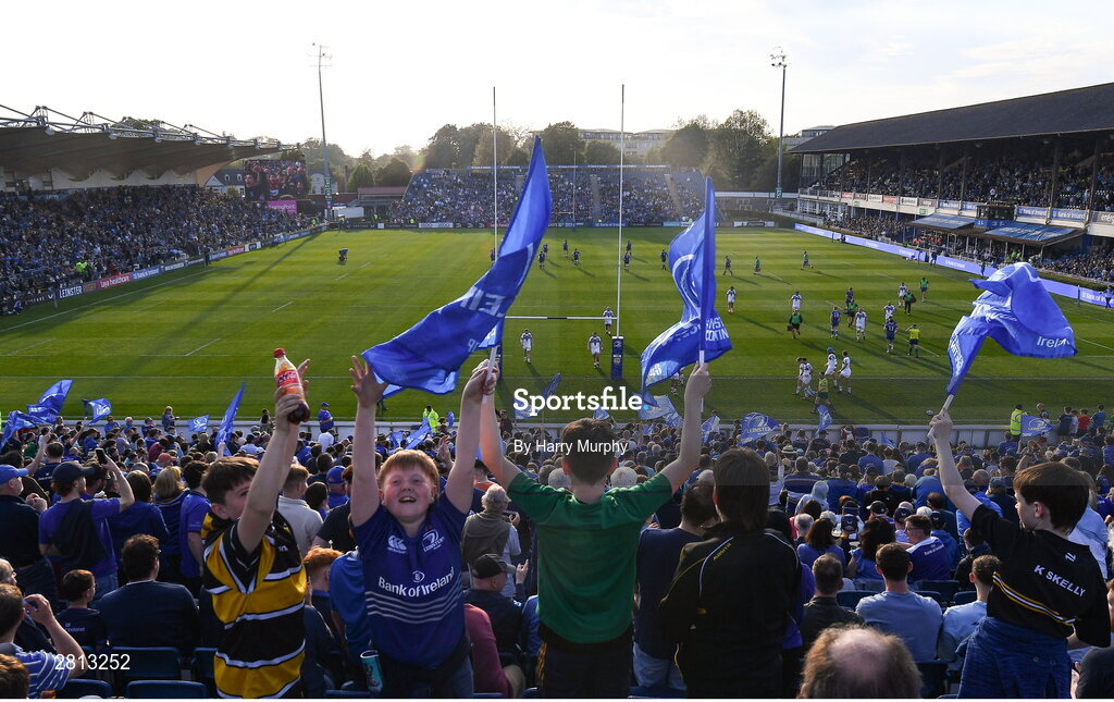 11 May 2024; Leinster supporters celebrate as Jimmy O'Brien of Leinster scores his side's first try during the United Rugby Championship match between Leinster and Ospreys at the RDS Arena in Dublin. Photo by Harry Murphy/Sportsfile