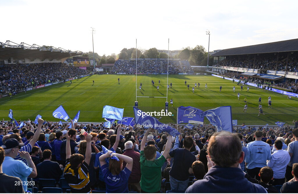 11 May 2024; Leinster supporters celebrate as Jimmy O'Brien of Leinster scores his side's first try during the United Rugby Championship match between Leinster and Ospreys at the RDS Arena in Dublin. Photo by Harry Murphy/Sportsfile