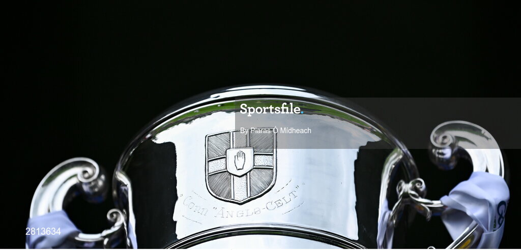 12 May 2024; A detailed view of the Anglo Celt cup before the Ulster GAA Football Senior Championship final match between Armagh and Donegal at St Tiernach's Park in Clones, Monaghan. Photo by Piaras Ó Mídheach/Sportsfile