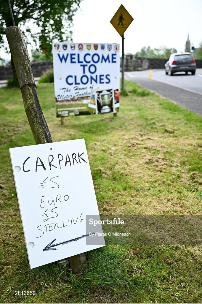 12 May 2024; A sign for a car park for the Ulster GAA Football Senior Championship final match between Armagh and Donegal at St Tiernach's Park in Clones, Monaghan. Photo by Piaras Ó Mídheach/Sportsfile