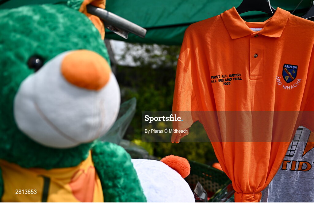 12 May 2024; An unofficial, and unsold, Armagh t-shirt on sale on a street stall before the Ulster GAA Football Senior Championship final match between Armagh and Donegal at St Tiernach's Park in Clones, Monaghan. Photo by Piaras Ó Mídheach/Sportsfile