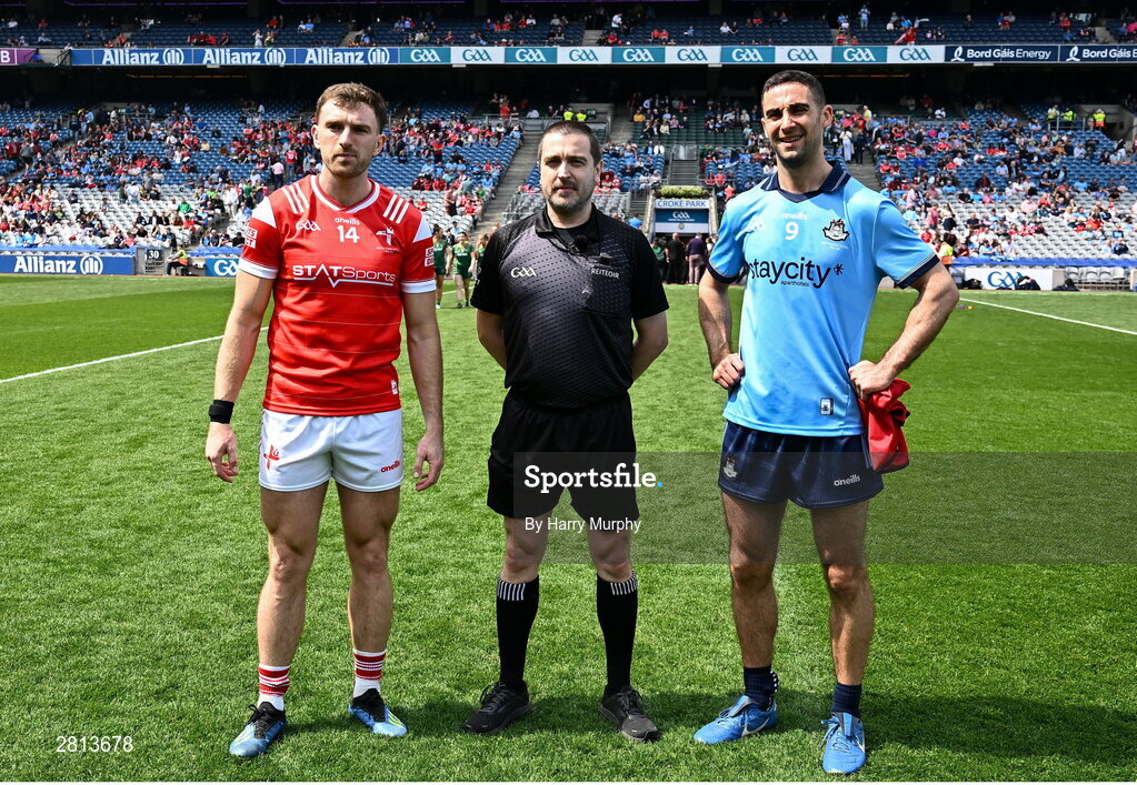 12 May 2024; Captains Sam Mulroy of Louth and James McCarthy of Dublin with referee Noel Mooney before the Leinster GAA Football Senior Championship final match between Dublin and Louth at Croke Park in Dublin. Photo by Harry Murphy/Sportsfile