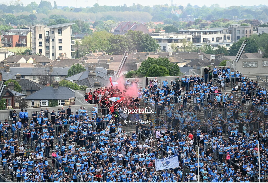 12 May 2024; Dublin and Louth supporters on Hill 16 before the Leinster GAA Football Senior Championship final match between Dublin and Louth at Croke Park in Dublin. Photo by Harry Murphy/Sportsfile