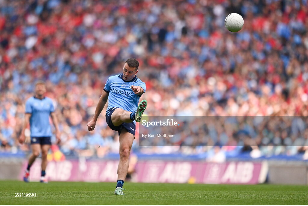 12 May 2024; Cormac Costello of Dublin kicks a free during the Leinster GAA Football Senior Championship final match between Dublin and Louth at Croke Park in Dublin. Photo by Ben McShane/Sportsfile