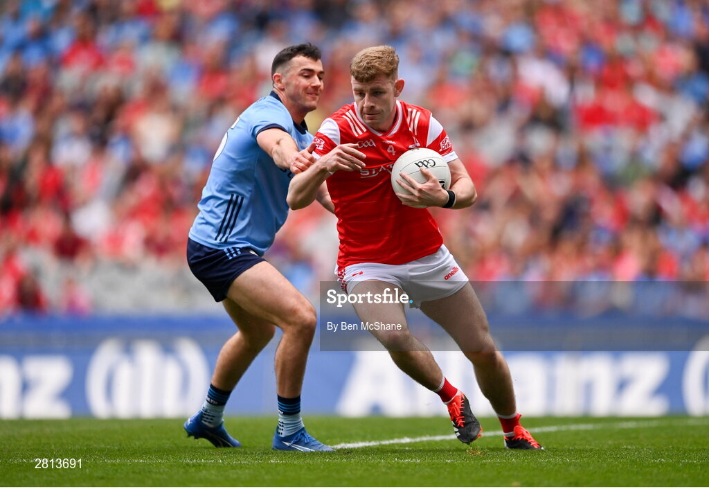 12 May 2024; Peter Lynch of Louth in action against Colm Basquel of Dublin during the Leinster GAA Football Senior Championship final match between Dublin and Louth at Croke Park in Dublin. Photo by Ben McShane/Sportsfile