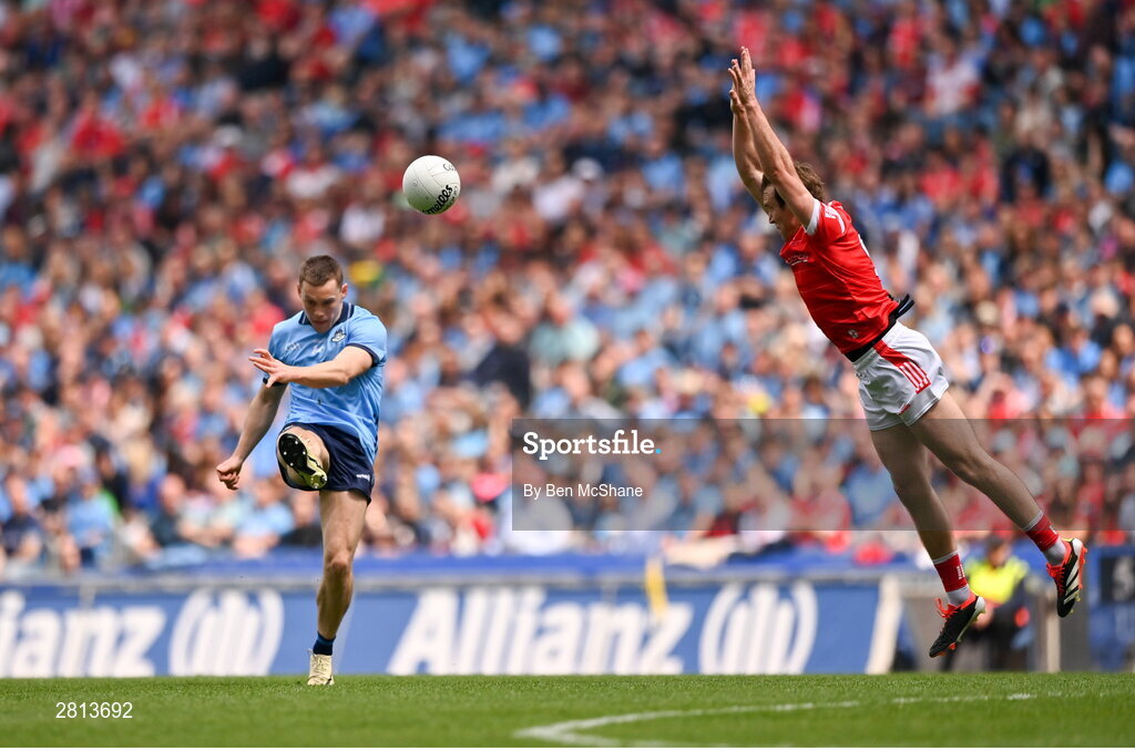 12 May 2024; Con O'Callaghan of Dublin kicks despite Bevan Duffy of Louth during the Leinster GAA Football Senior Championship final match between Dublin and Louth at Croke Park in Dublin. Photo by Ben McShane/Sportsfile