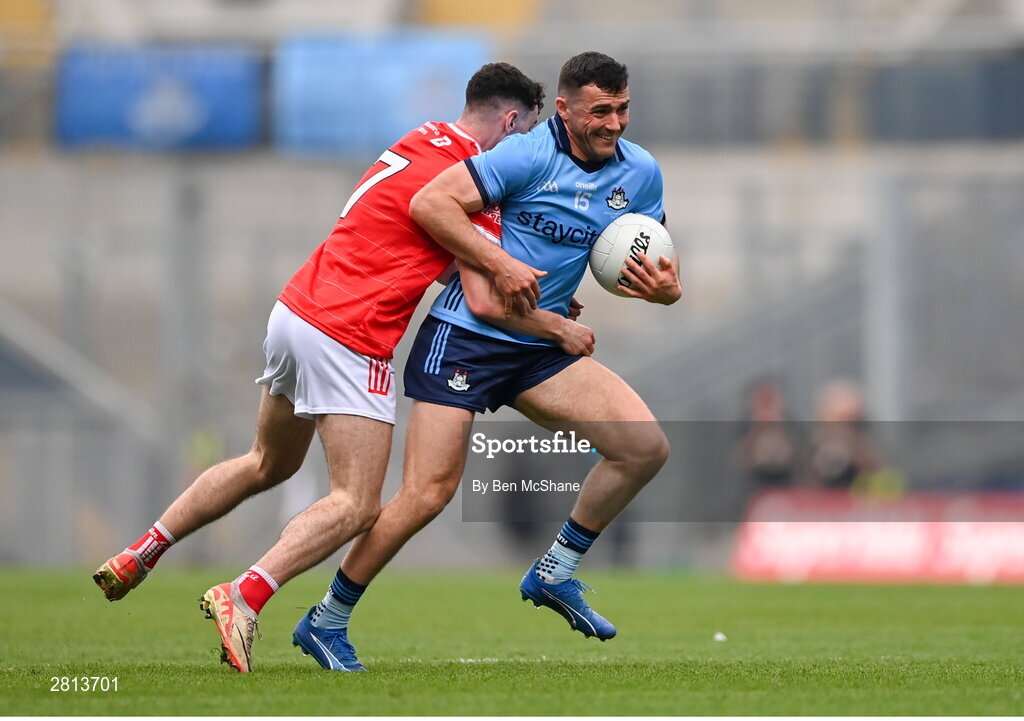 12 May 2024; Colm Basquel of Dublin is tackled by Craig Lennon of Louth during the Leinster GAA Football Senior Championship final match between Dublin and Louth at Croke Park in Dublin. Photo by Ben McShane/Sportsfile