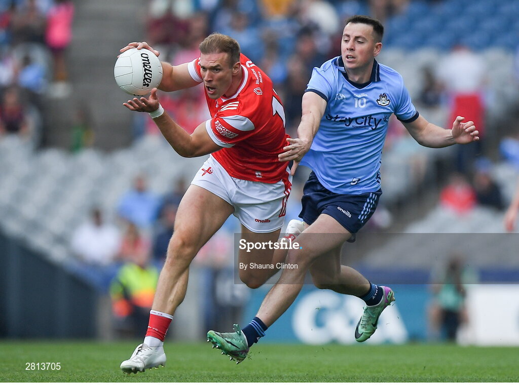 12 May 2024; Conor Grimes of Louth is tackled by is tackled by Cormac Costello of Dublin during the Leinster GAA Football Senior Championship final match between Dublin and Louth at Croke Park in Dublin. Photo by Shauna Clinton/Sportsfile
