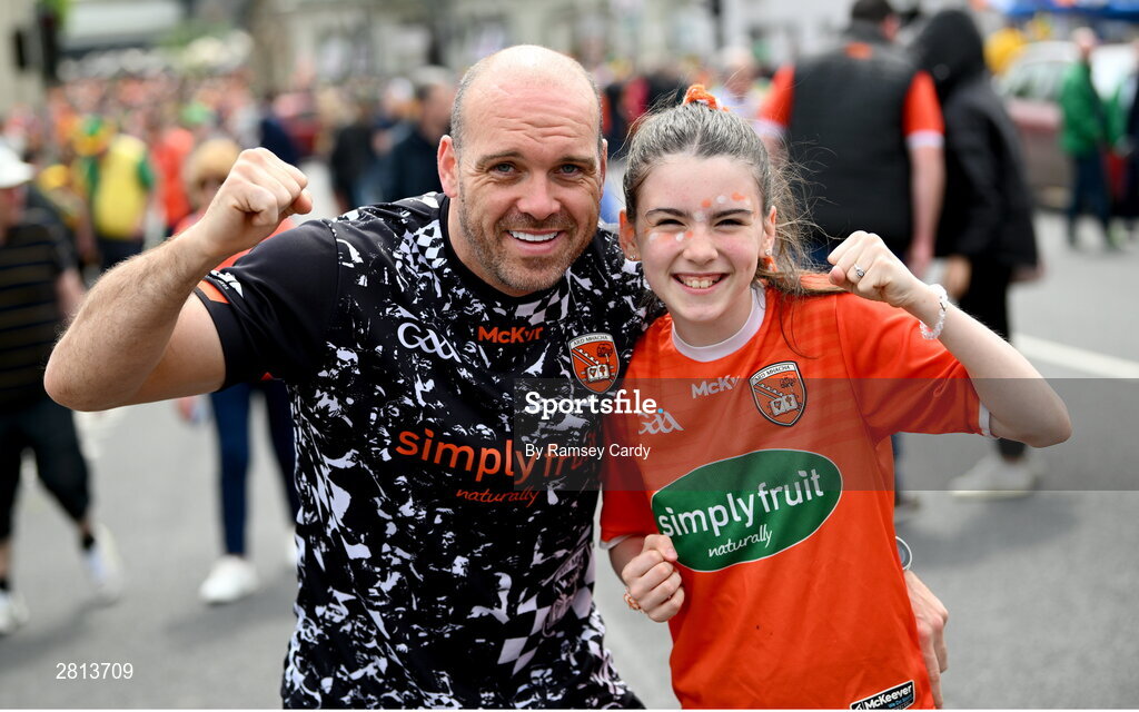 12 May 2024; Armagh supporters Peter McKeever and Kayla-May Bishop-McKeever before the Ulster GAA Football Senior Championship final match between Armagh and Donegal at St Tiernach's Park in Clones, Monaghan. Photo by Ramsey Cardy/Sportsfile
