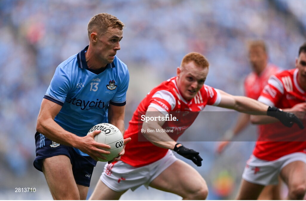 12 May 2024; Paul Mannion of Dublin in action against Donal Mc Kenny of Louth during the Leinster GAA Football Senior Championship final match between Dublin and Louth at Croke Park in Dublin. Photo by Ben McShane/Sportsfile