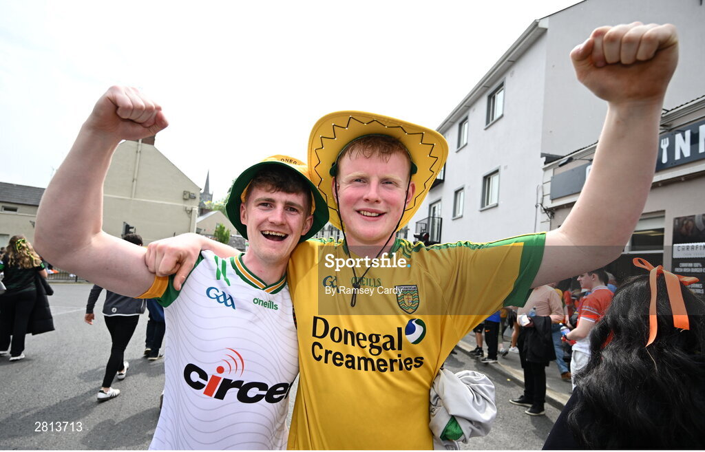 12 May 2024; Donegal supporters Billy Harron, left, and Tadhg McGarrigle before the Ulster GAA Football Senior Championship final match between Armagh and Donegal at St Tiernach's Park in Clones, Monaghan. Photo by Ramsey Cardy/Sportsfile