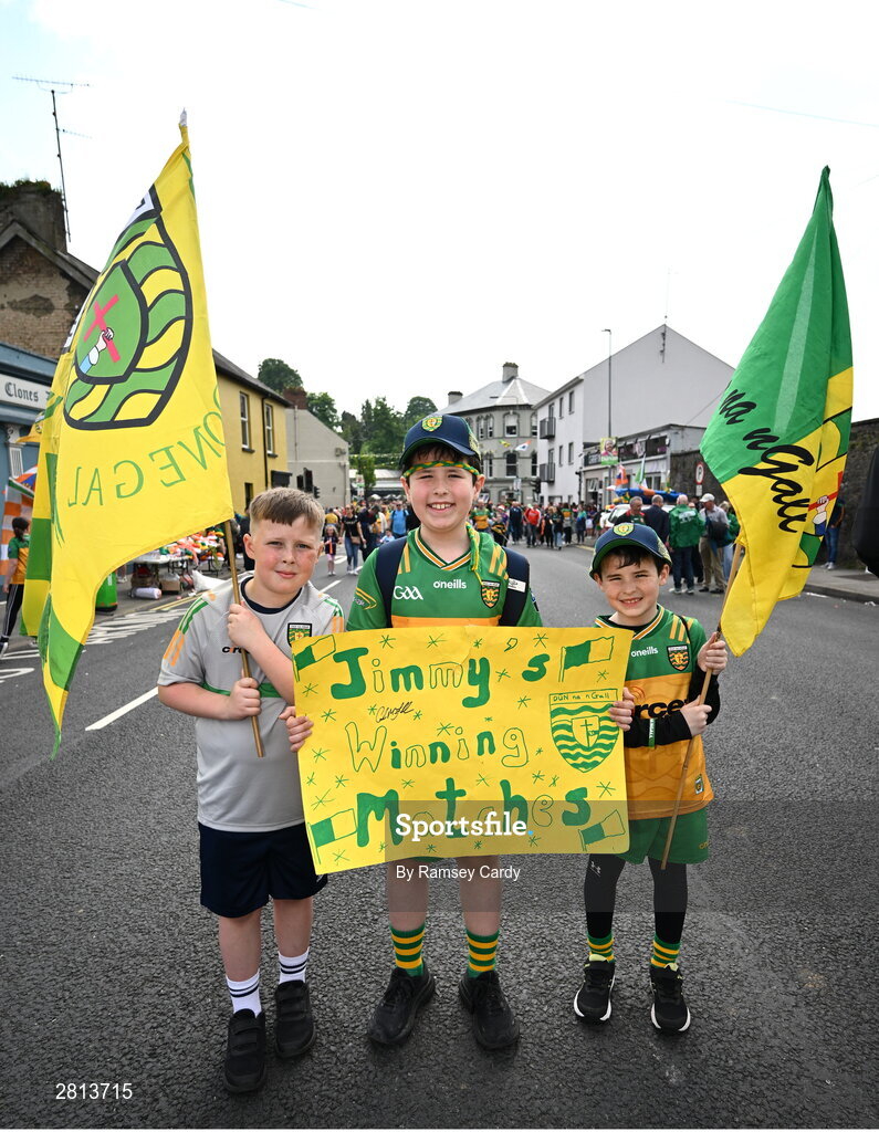 12 May 2024; Donegal supporters, from left, Cian Kreevy, age 9, Charlie Keeve, age 9. and Bobby Keeve age 7, before the Ulster GAA Football Senior Championship final match between Armagh and Donegal at St Tiernach's Park in Clones, Monaghan. Photo by Ramsey Cardy/Sportsfile