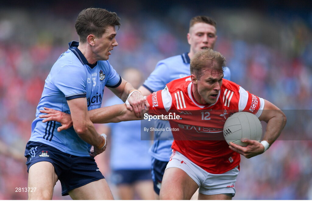 12 May 2024; Conor Grimes of Louth is tackled by Michael Fitzsimons of Dublin during the Leinster GAA Football Senior Championship final match between Dublin and Louth at Croke Park in Dublin. Photo by Shauna Clinton/Sportsfile