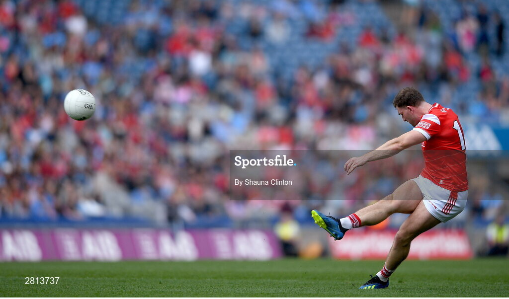 12 May 2024; Sam Mulroy of Louth scores a point, from a free kick, during the Leinster GAA Football Senior Championship final match between Dublin and Louth at Croke Park in Dublin. Photo by Shauna Clinton/Sportsfile