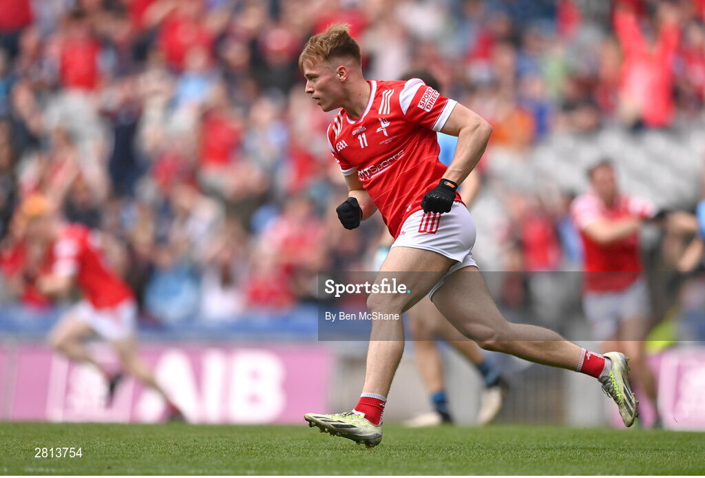 12 May 2024; Ciaran Keenan of Louth after scoring his side's first goal during the Leinster GAA Football Senior Championship final match between Dublin and Louth at Croke Park in Dublin. Photo by Ben McShane/Sportsfile