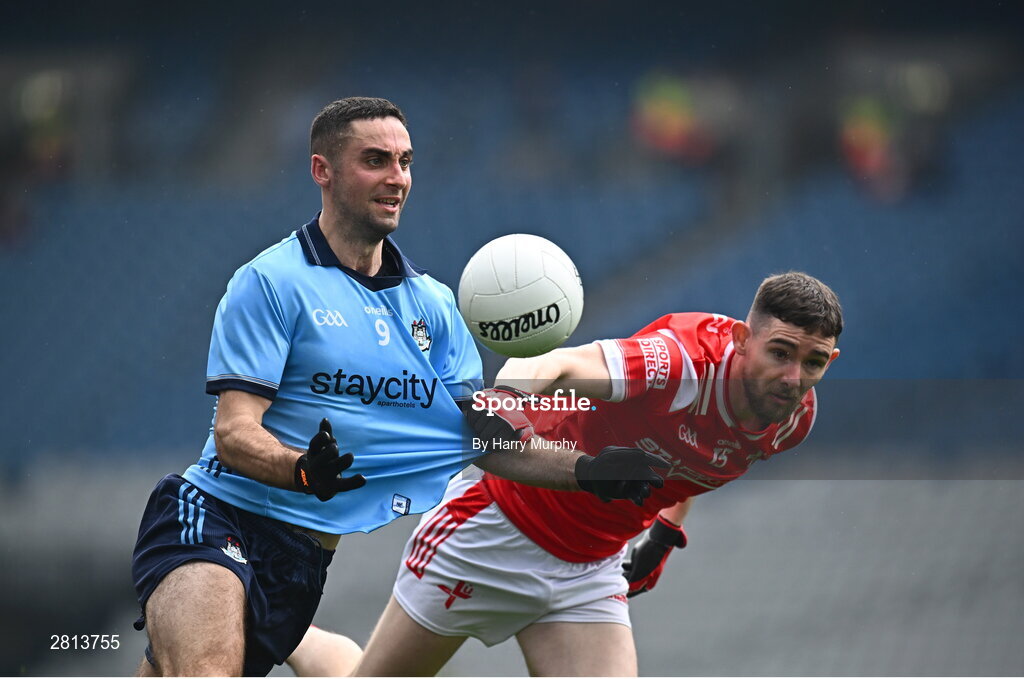 12 May 2024; James McCarthy of Dublin in action against Ciaran Downey of Louth during the Leinster GAA Football Senior Championship final match between Dublin and Louth at Croke Park in Dublin. Photo by Harry Murphy/Sportsfile