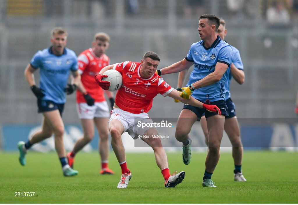 12 May 2024; Dan Corcoran of Louth in action against Cormac Costello of Dublin during the Leinster GAA Football Senior Championship final match between Dublin and Louth at Croke Park in Dublin. Photo by Ben McShane/Sportsfile