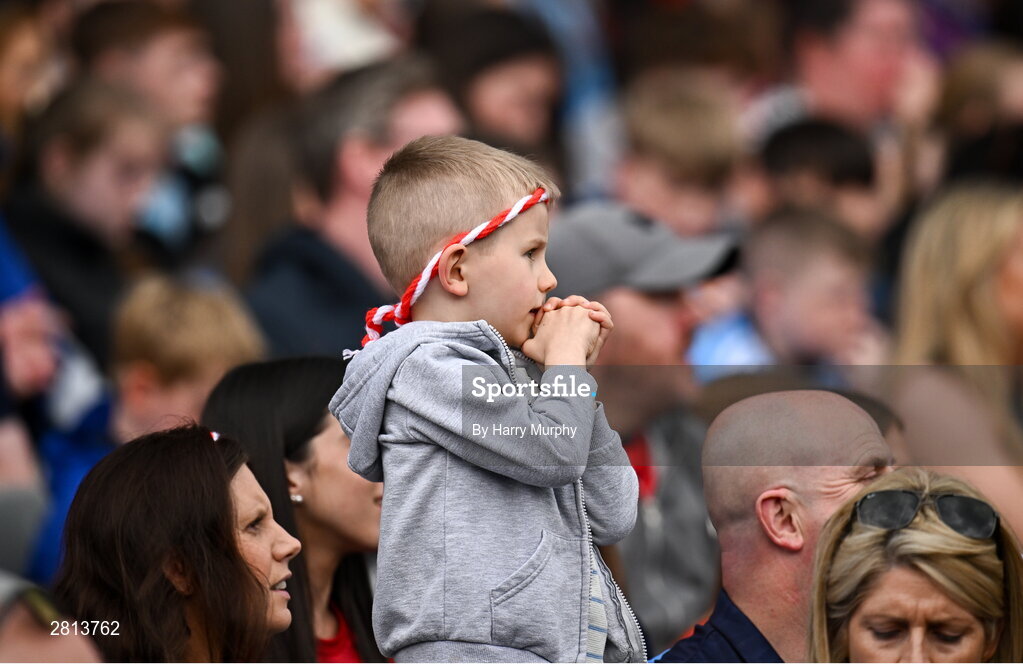 12 May 2024; A young Louth supporter reacts during the Leinster GAA Football Senior Championship final match between Dublin and Louth at Croke Park in Dublin. Photo by Harry Murphy/Sportsfile