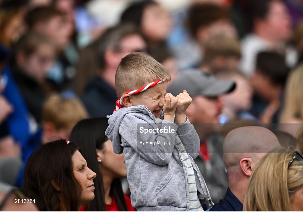 12 May 2024; A young Louth supporter reacts during the Leinster GAA Football Senior Championship final match between Dublin and Louth at Croke Park in Dublin. Photo by Harry Murphy/Sportsfile