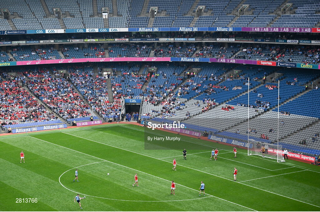 12 May 2024; Cormac Costello of Dublin kicks a point during the Leinster GAA Football Senior Championship final match between Dublin and Louth at Croke Park in Dublin. Photo by Harry Murphy/Sportsfile