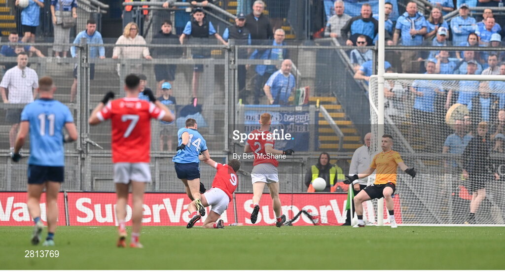 12 May 2024; Con O'Callaghan of Dublin scores his side's first goal during the Leinster GAA Football Senior Championship final match between Dublin and Louth at Croke Park in Dublin. Photo by Ben McShane/Sportsfile
