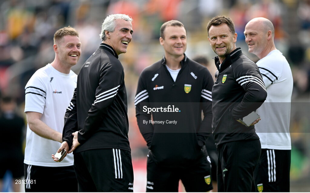 12 May 2024; Donegal manager Jim McGuinness, second left, with his backroom team, before the Ulster GAA Football Senior Championship final match between Armagh and Donegal at St Tiernach's Park in Clones, Monaghan. Photo by Ramsey Cardy/Sportsfile