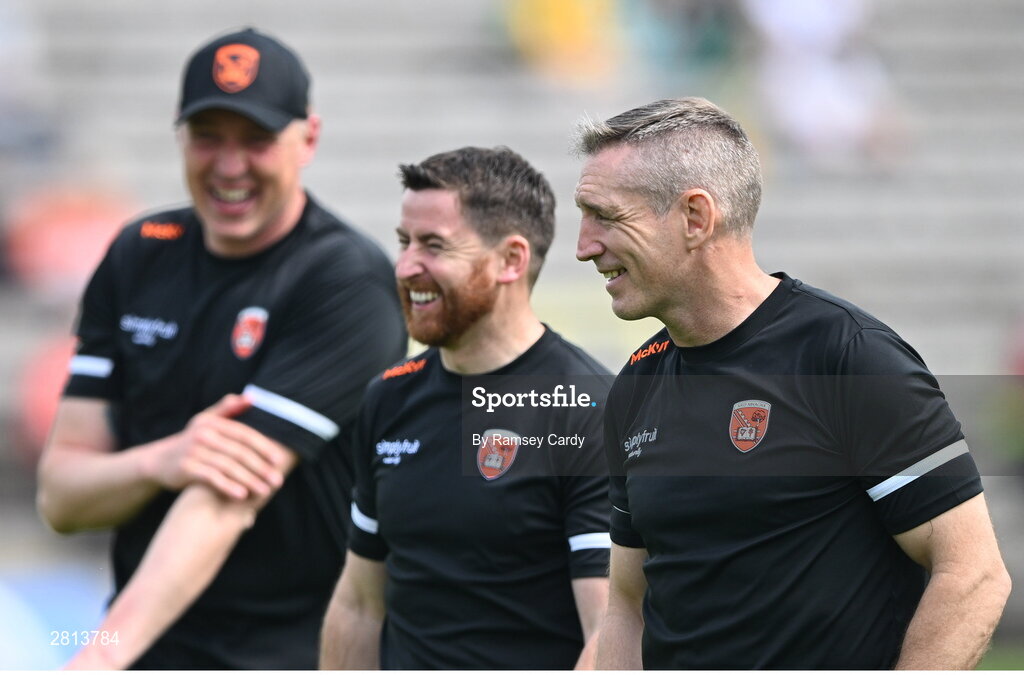 12 May 2024; Armagh manager Kieran McGeeney, right, with selectors Kieran Donaghy, left, and Conleith Gilligan before the Ulster GAA Football Senior Championship final match between Armagh and Donegal at St Tiernach's Park in Clones, Monaghan. Photo by Ramsey Cardy/Sportsfile