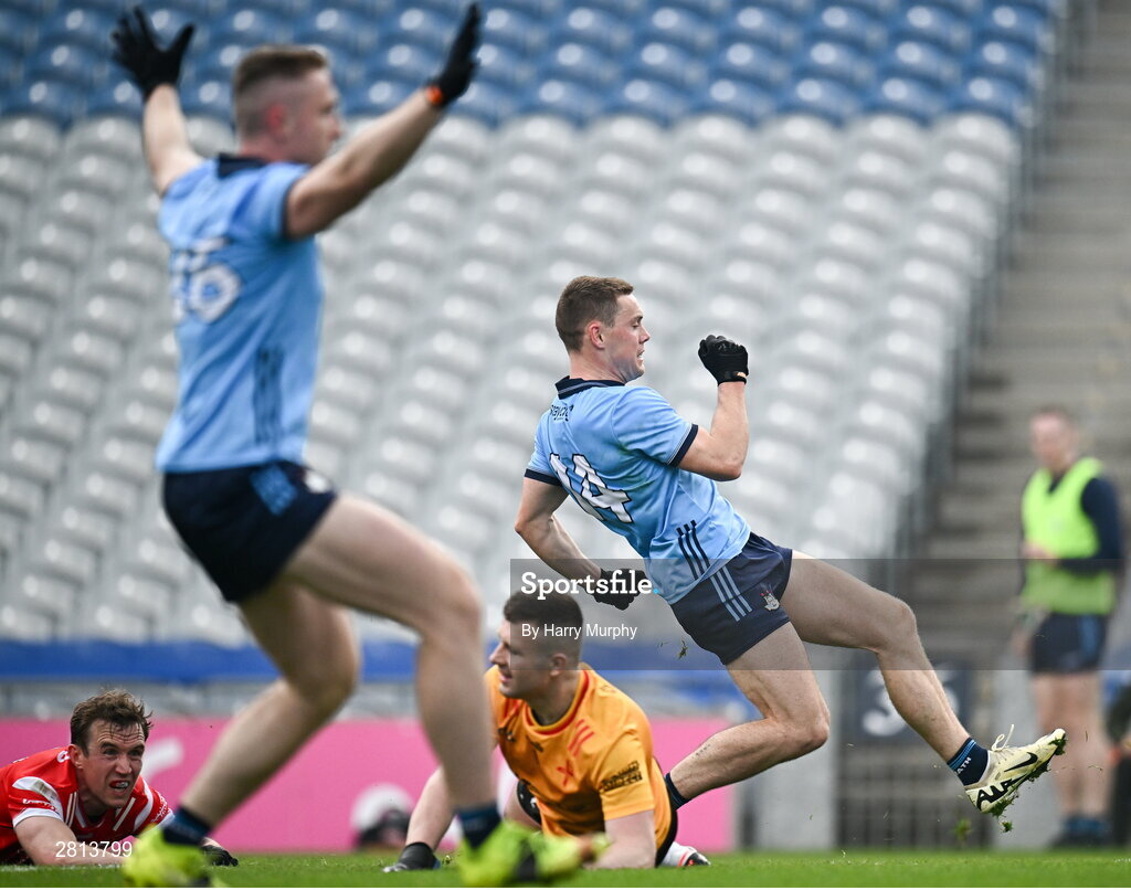 12 May 2024; Con O'Callaghan of Dublin celebrates after scoring his side's first goal during the Leinster GAA Football Senior Championship final match between Dublin and Louth at Croke Park in Dublin. Photo by Harry Murphy/Sportsfile