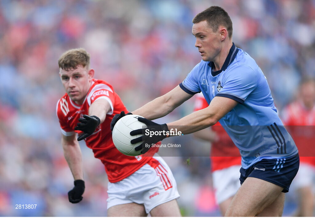 12 May 2024; Con O'Callaghan  of Dublin in action against Peter Lynch of Louth during the Leinster GAA Football Senior Championship final match between Dublin and Louth at Croke Park in Dublin. Photo by Shauna Clinton/Sportsfile