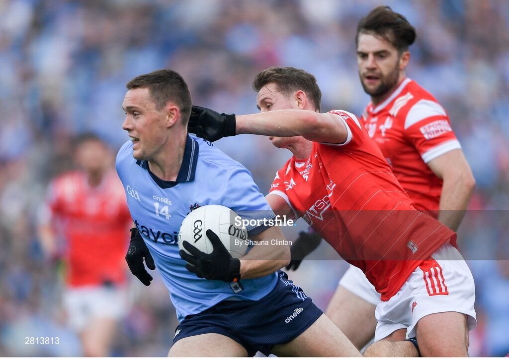 12 May 2024; Con O'Callaghan of Dublin is tackled by Anthony Williams of Louth during the Leinster GAA Football Senior Championship final match between Dublin and Louth at Croke Park in Dublin. Photo by Shauna Clinton/Sportsfile