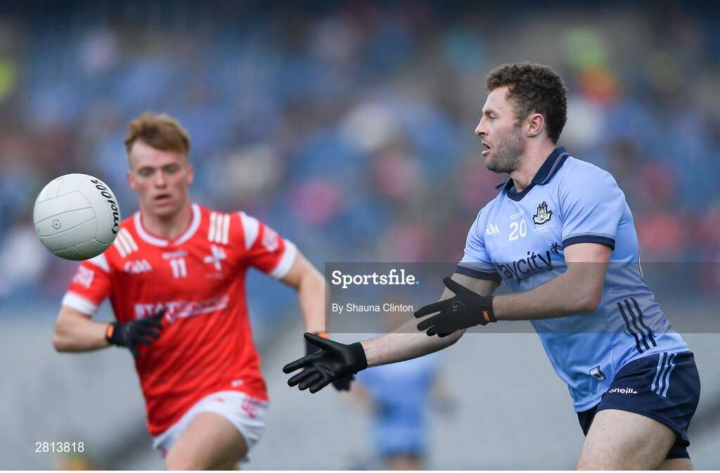 12 May 2024; Jack McCaffrey of Dublin in action against Ciaran Keenan of Louth during the Leinster GAA Football Senior Championship final match between Dublin and Louth at Croke Park in Dublin. Photo by Shauna Clinton/Sportsfile