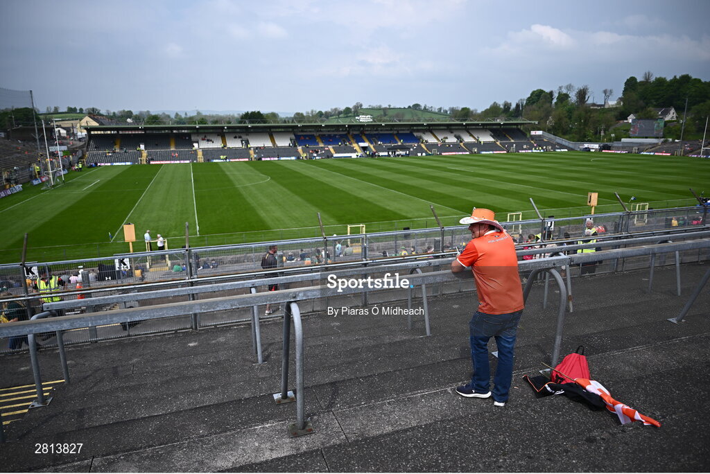 12 May 2024; An Armagh supporter before the Ulster GAA Football Senior Championship final match between Armagh and Donegal at St Tiernach's Park in Clones, Monaghan. Photo by Piaras Ó Mídheach/Sportsfile